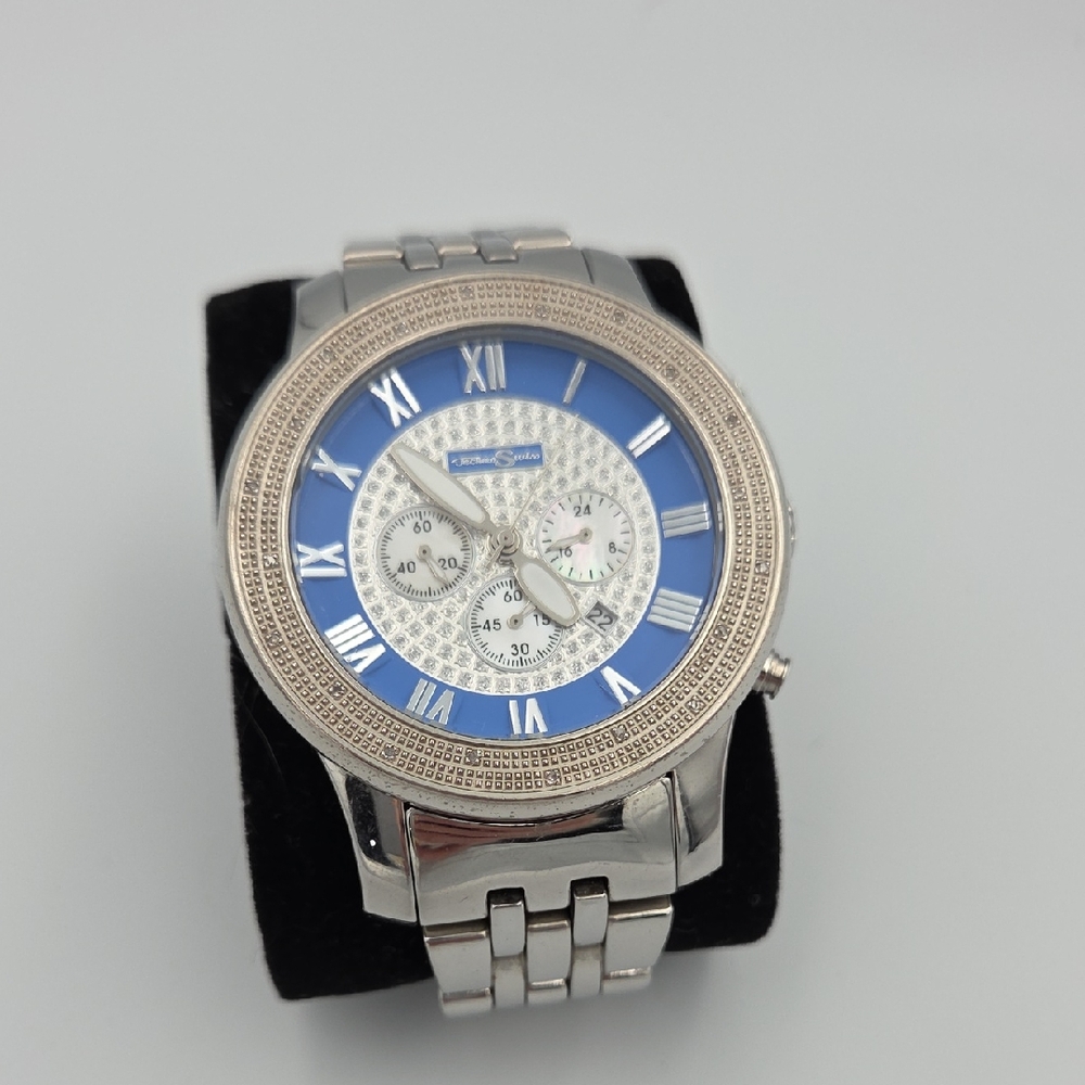 Silver and Blue Watch with Roman Numerals